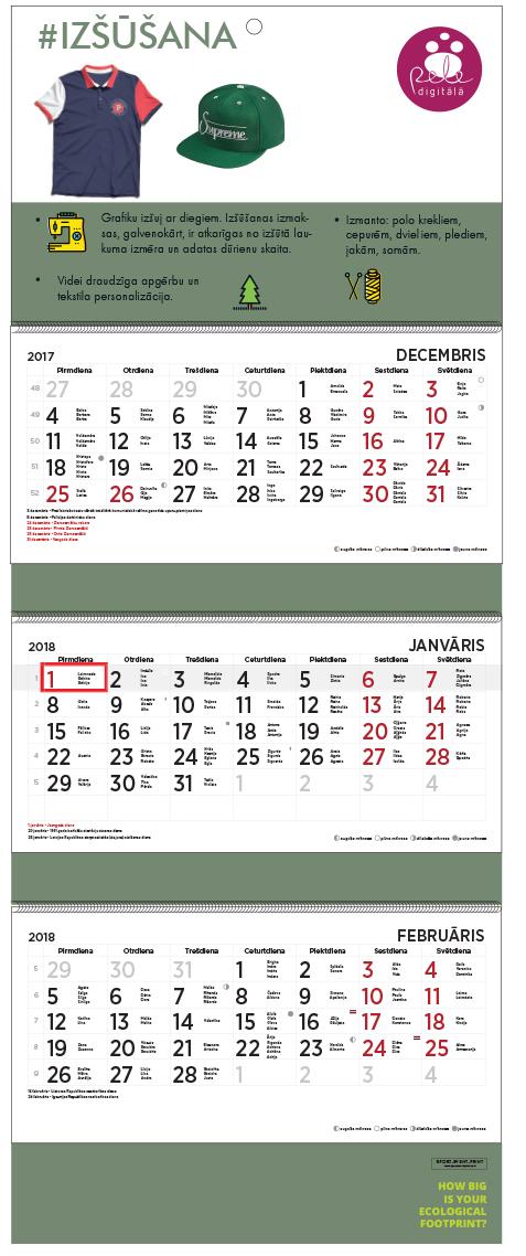 Trīs mēnešu sienas kalendārs izgatavošana 2018 Trīs mēnešu sienas kalendārs izgatavošana 2018